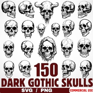 Puede incluir: Una colección de 150 ilustraciones de calaveras góticas oscuras en blanco y negro. Las calaveras varían en diseño, algunas con cuernos o con capucha, y son adecuadas para formatos SVG y PNG. La imagen incluye el texto "DARK GOTHIC SKULLS" y "COMMERCIAL USE".