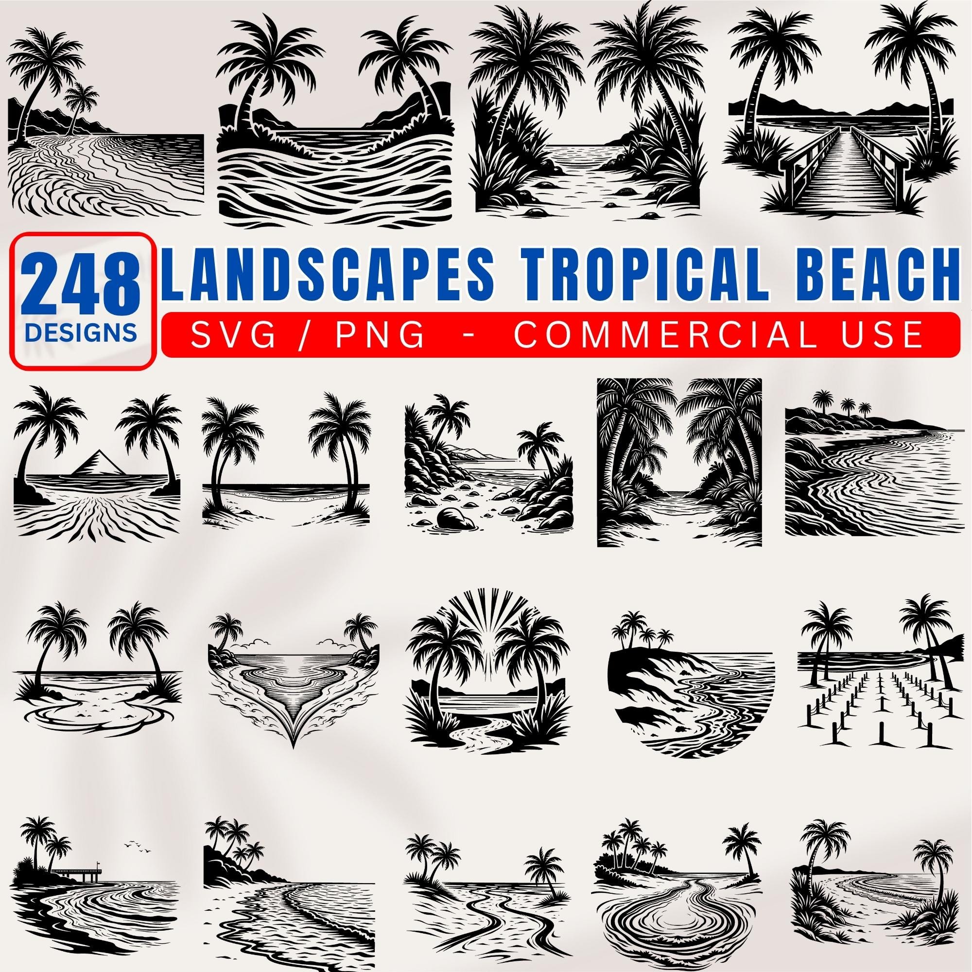 Tropical Beach Landscapes SVG Bundle: Ocean, Palm Tree Designs (248 ...
