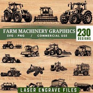 Farm Machinery Graphics Bundle: Tractor, Harvester, Plow SVG Files (Commercial Use)