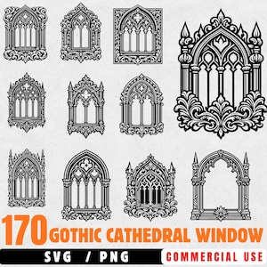 Op de afbeelding: Een verzameling van 10 zwart-witte gotische kathedraalraamontwerpen. De ramen hebben gewelfde toppen, ingewikkeld maaswerk en decoratieve frames. De tekst "170 GOTHIC CATHEDRAL WINDOW" en "SVG / PNG COMMERCIAL USE" is inbegrepen.