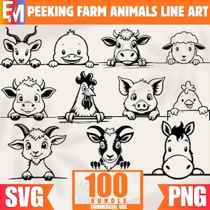 Könnte beinhalten: Schwarz-Weiß-Illustrationen von Bauernhoftieren, die über eine Linie schauen, darunter eine Ziege, eine Ente, eine Kuh, ein Schaf, ein Hahn, ein Schwein und ein Pferd. Der Text "PEEKING FARM ANIMALS LINE ART" und "100 BUNDLE COMMERCIAL USE" ist enthalten.