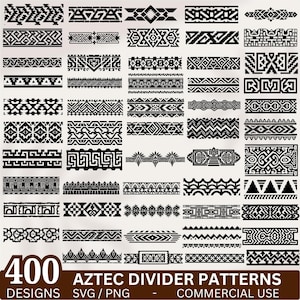 May include: A collection of 400 black and white Aztec divider patterns in various geometric designs. The patterns are displayed in rows and columns, with the text "400 DESIGNS" and "AZTEC DIVIDER PATTERNS" visible at the bottom.