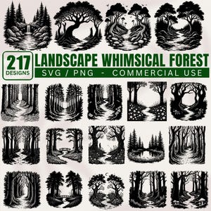 May include: A selection of 217 whimsical forest landscape designs in black and white. The designs feature illustrations of trees, paths, and natural scenes. Text on the image reads "217 DESIGNS LANDSCAPE WHIMSICAL FOREST SVG / PNG - COMMERCIAL USE."