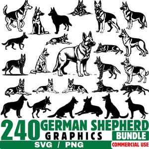 May include: A collection of 240 German Shepherd graphics in various poses and styles, including standing, sitting, and lying down. The images are in black and white, with some featuring detailed shading. The bundle includes SVG and PNG formats.