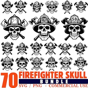 May include: A collection of black and white firefighter skull designs. Each skull wears a helmet and is crossed with axes. The number "70" is in orange, and the text "FIREFIGHTER SKULL BUNDLE" is below. The bundle includes SVG and PNG files for commercial use.