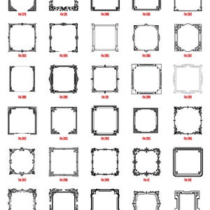 K&ouml;nnte beinhalten: Eine Sammlung schwarz-wei&szlig;er dekorativer Rahmen in verschiedenen verzierten Stilen. Die Rahmen sind quadratisch, rechteckig und oval, mit aufwendigen floralen, geometrischen und Scrollwork-Designs. Jeder Rahmen ist mit einer Dateinummer versehen.