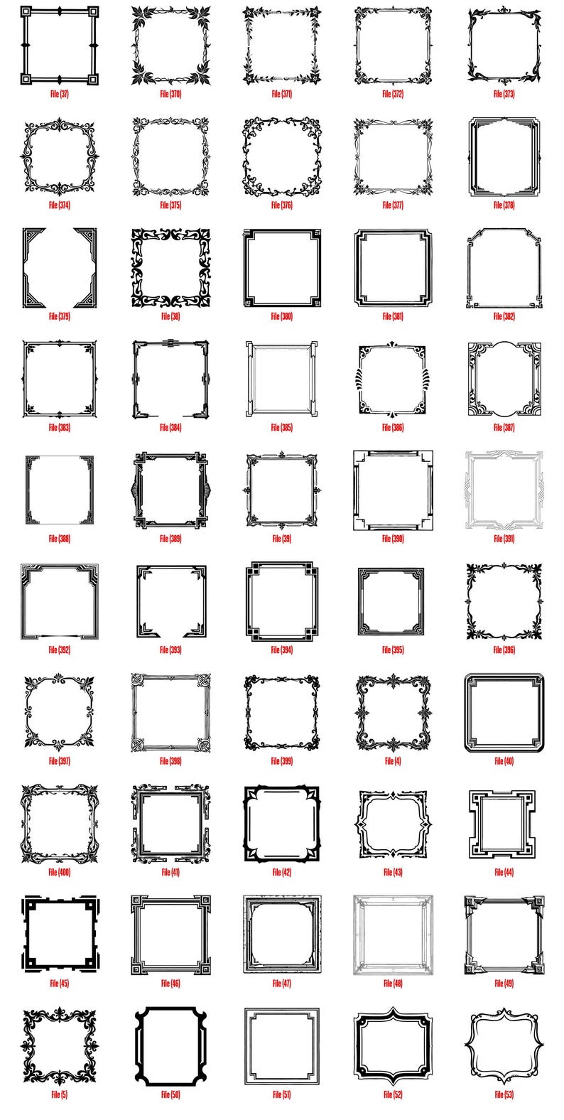 K&ouml;nnte beinhalten: Eine Sammlung schwarz-wei&szlig;er dekorativer Rahmen in verschiedenen verzierten Stilen. Die Rahmen sind quadratisch, rechteckig und oval, mit aufwendigen floralen, geometrischen und Scrollwork-Designs. Jeder Rahmen ist mit einer Dateinummer versehen.