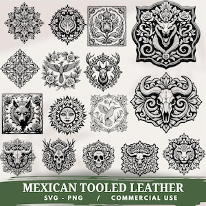 Puede incluir: Una colección de ilustraciones en blanco y negro con varios diseños de animales y flores. Las imágenes incluyen un lobo, un ciervo, un colibrí, una calavera y un sol, todos dentro de marcos decorativos. El texto en la parte inferior dice "MEXICAN TOOLED LEATHER".