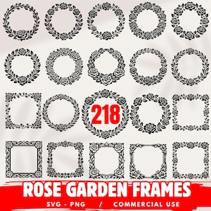 May include: A collection of black and white rose garden frames in various shapes, including circles and squares. The frames feature rose and leaf designs. The number 218 is displayed in red within a circular frame. The text "ROSE GARDEN FRAMES" is at the bottom.