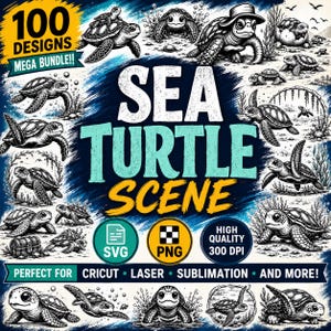 Może przedstawiać: Cyfrowy pakiet graficzny zawierający 100 wzorów żółwi morskich w czerni i bieli. Centralny tekst brzmi SEA TURTLE SCENE. Zawiera etykiety SVG, PNG i 300 DPI. Różne ilustracje przedstawiają żółwie pływające, chodzące i przy skrzyniach ze skarbami.