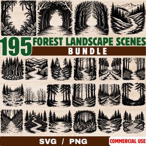 May include: A collection of 195 forest landscape scenes in black and white. The images include various forest paths, tree tunnels, and woodland views. The bundle is available in SVG and PNG formats, suitable for commercial use.