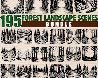 195 Forest Landscape SVG Bundle | Vintage Woodcut Nature Scenes | Black & White Woodland Clipart | SVG PNG | Commercial Use instant Download