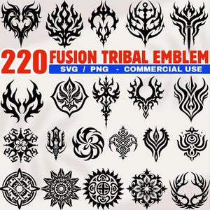 Op de afbeelding: Een verzameling van 220 zwarte fusion tribal embleem ontwerpen in SVG- en PNG-formaten voor commercieel gebruik. De emblemen tonen diverse symmetrische en abstracte vormen, waaronder harten, vlammen en bloempatronen.