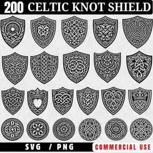 May include: A collection of 200 Celtic knot shield designs in black and white. The shields feature intricate knotwork patterns and are available in SVG and PNG formats for commercial use. The designs vary in shape and complexity.