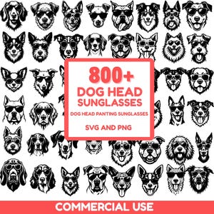 以下が含まれることがあります： サングラスをかけた犬の頭の白黒イラストのコレクション。画像には、白と赤の背景に「800+ DOG HEAD SUNGLASSES」と「SVG AND PNG」というテキストが含まれています。画像の下部には「COMMERCIAL USE」と書かれています。