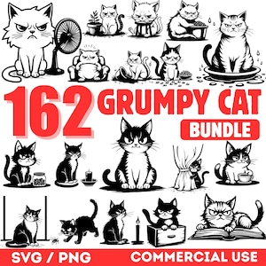 Könnte beinhalten: Eine Sammlung von Schwarz-Weiß-Illustrationen von grimmigen Katzen in verschiedenen Posen. Das Bild enthält den Text "162 GRUMPY CAT BUNDLE" in Rot sowie "SVG / PNG" und "COMMERCIAL USE" am unteren Rand.