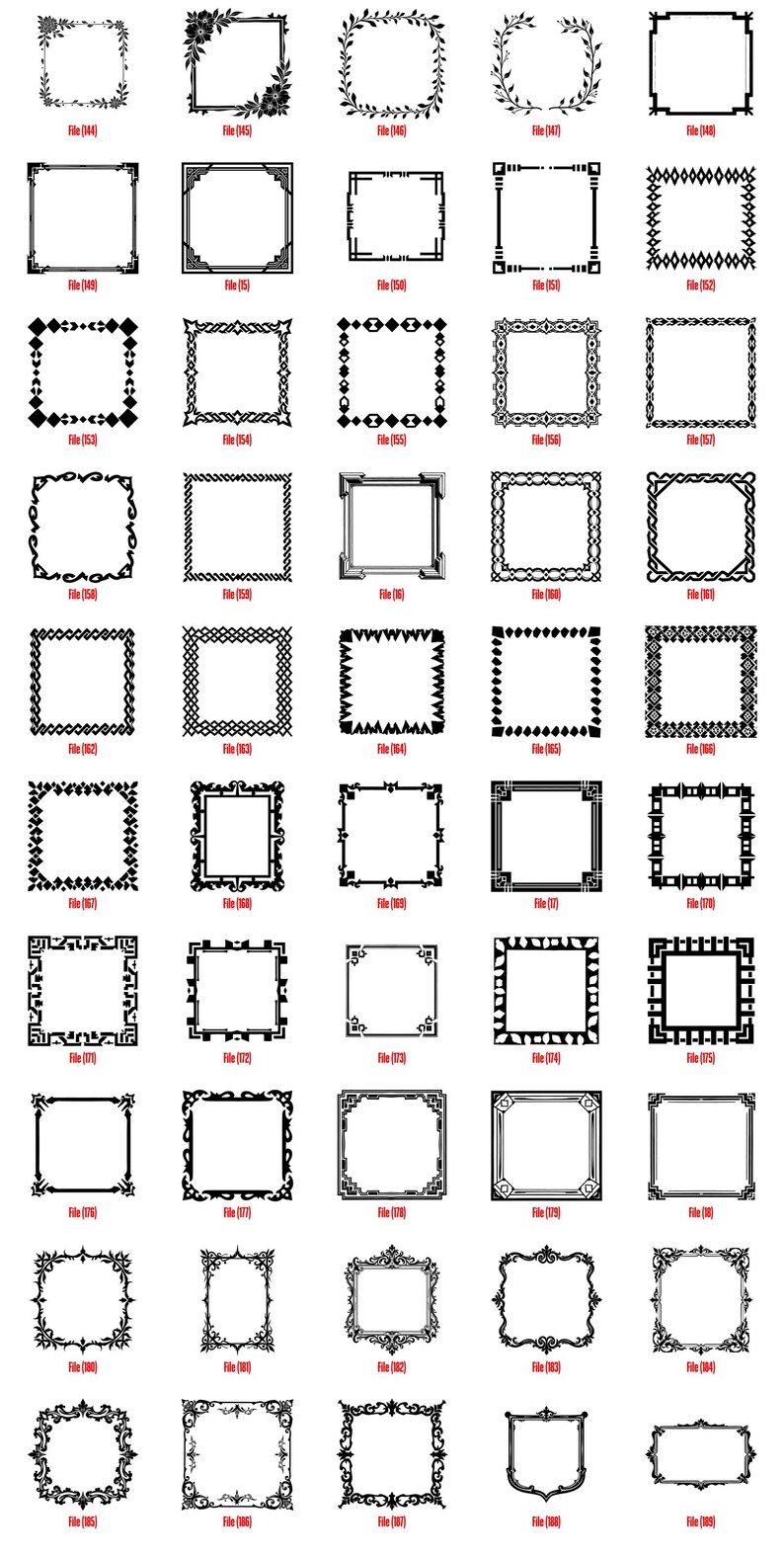 K&ouml;nnte beinhalten: Eine Sammlung von dekorativen Rahmen in Schwarz und Wei&szlig;. Jeder Rahmen hat einen einzigartigen Stil, darunter florale, geometrische und verzierte Muster. Die Rahmen sind quadratisch oder rechteckig und eignen sich f&uuml;r verschiedene Kunst- oder Designprojekte.