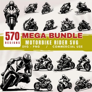 Peut inclure: Plusieurs illustrations de motards en noir et blanc sur des motos dans diverses poses d'action. Le texte indique "570 MEGA BUNDLE DESIGNS MOTORBIKE RIDER SVG SVG - PNG / COMMERCIAL USE."