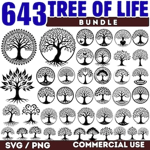May include: A bundle of 643 black Tree of Life designs in SVG and PNG formats. The designs feature various tree styles, some within circular frames, with hearts and butterflies. The text "TREE OF LIFE BUNDLE" is at the top, and "COMMERCIAL USE" is at the bottom.