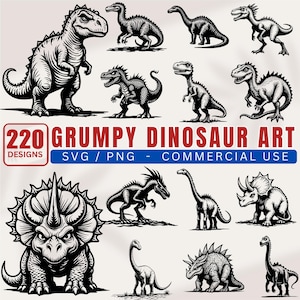 May include: A collection of black and white dinosaur illustrations in various poses. The image includes a variety of dinosaur species, with the text "220 GRUMPY DINOSAUR ART DESIGNS SVG / PNG - COMMERCIAL USE".