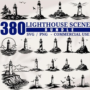 May include: A collection of 380 lighthouse scene illustrations in SVG and PNG formats, suitable for commercial use. The black and white drawings depict various lighthouses on rocky islands, with some including birds and ocean waves.