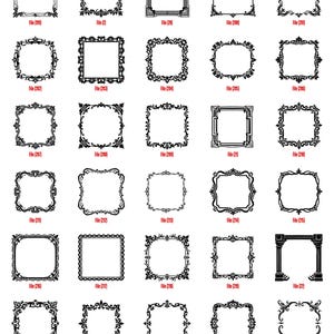 K&ouml;nnte beinhalten: Sammlung von schwarz-wei&szlig;en, verzierten Rahmen-Designs. Jeder Rahmen hat einen einzigartigen dekorativen Rand mit verschiedenen Formen und Stilen. Das Bild enth&auml;lt die Dateinamen f&uuml;r jeden Rahmen, wie z. B. File (190) und File (200).