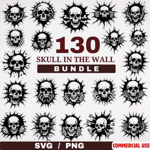 Könnte beinhalten: Ein digitales Kunstpaket mit 130 Totenkopf-Designs in Schwarz und Weiß. Jeder Schädel wird mit einem Effekt einer zerbrochenen Wand dargestellt. Der Text lautet "130 SKULL IN THE WALL BUNDLE" mit "SVG / PNG" und "COMMERCIAL USE".