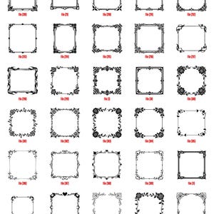K&ouml;nnte beinhalten: Eine Sammlung schwarz-wei&szlig;er dekorativer Rahmen mit verschiedenen verzierten Designs. Die Rahmen sind quadratisch und rechteckig und weisen florale, geometrische und Rankenmuster auf. Jeder Rahmen ist mit einer Dateinummer versehen.