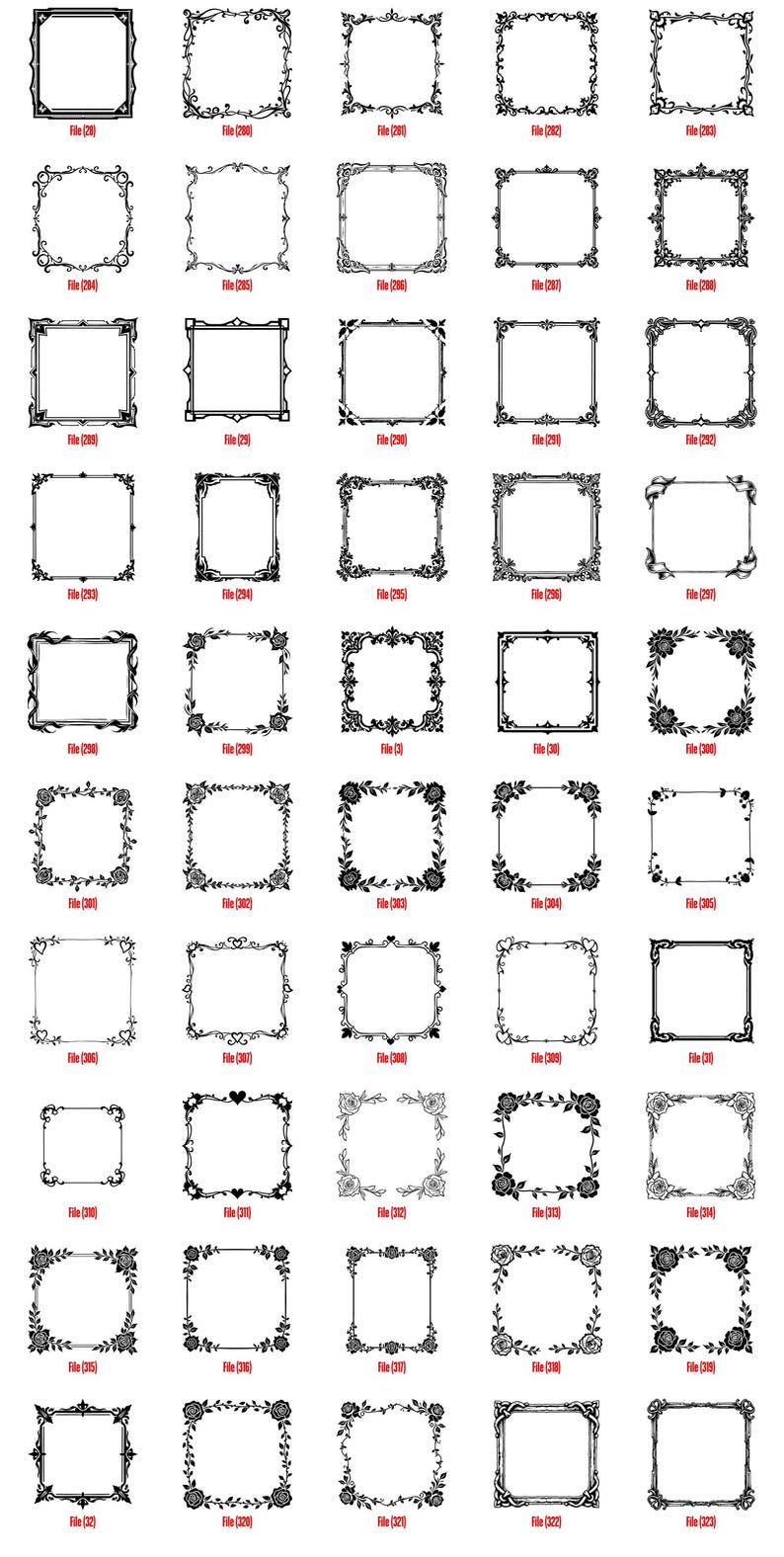 K&ouml;nnte beinhalten: Eine Sammlung schwarz-wei&szlig;er dekorativer Rahmen mit verschiedenen verzierten Designs. Die Rahmen sind quadratisch und rechteckig und weisen florale, geometrische und Rankenmuster auf. Jeder Rahmen ist mit einer Dateinummer versehen.