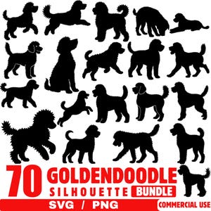 May include: A collection of 70 black Golden Doodle silhouette images in various poses. The text "70 GOLDENDOODLE SILHOUETTE BUNDLE" is displayed on a red banner, with "SVG / PNG" and "COMMERCIAL USE" below.