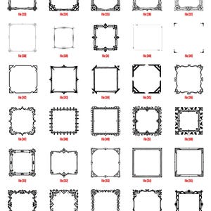 K&ouml;nnte beinhalten: Sammlung von schwarz-wei&szlig;en dekorativen Rahmendesigns. Jeder Rahmen hat einen einzigartigen, verzierten Rand mit verschiedenen Formen und Stilen. Das Bild enth&auml;lt die Dateinummer f&uuml;r jeden Rahmen.