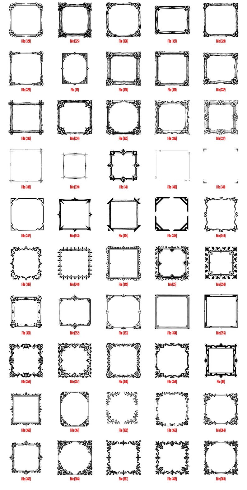 K&ouml;nnte beinhalten: Sammlung von schwarz-wei&szlig;en dekorativen Rahmendesigns. Jeder Rahmen hat einen einzigartigen, verzierten Rand mit verschiedenen Formen und Stilen. Das Bild enth&auml;lt die Dateinummer f&uuml;r jeden Rahmen.