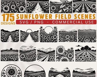 Könnte beinhalten: Eine Sammlung von 175 schwarz-weißen Sonnenblumenfeld-Szenen im SVG- und PNG-Format. Die Designs zeigen verschiedene Landschaften mit Sonnenblumen, Bergen und Feldern, für kommerzielle Nutzung.