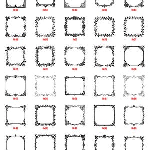K&ouml;nnte beinhalten: Eine Sammlung quadratischer und rechteckiger dekorativer Rahmen in verschiedenen verzierten Stilen. Jeder Rahmen ist schwarz-wei&szlig; und weist komplizierte Muster auf. Die Rahmen sind mit dem Wort "File" und einer Nummer beschriftet.