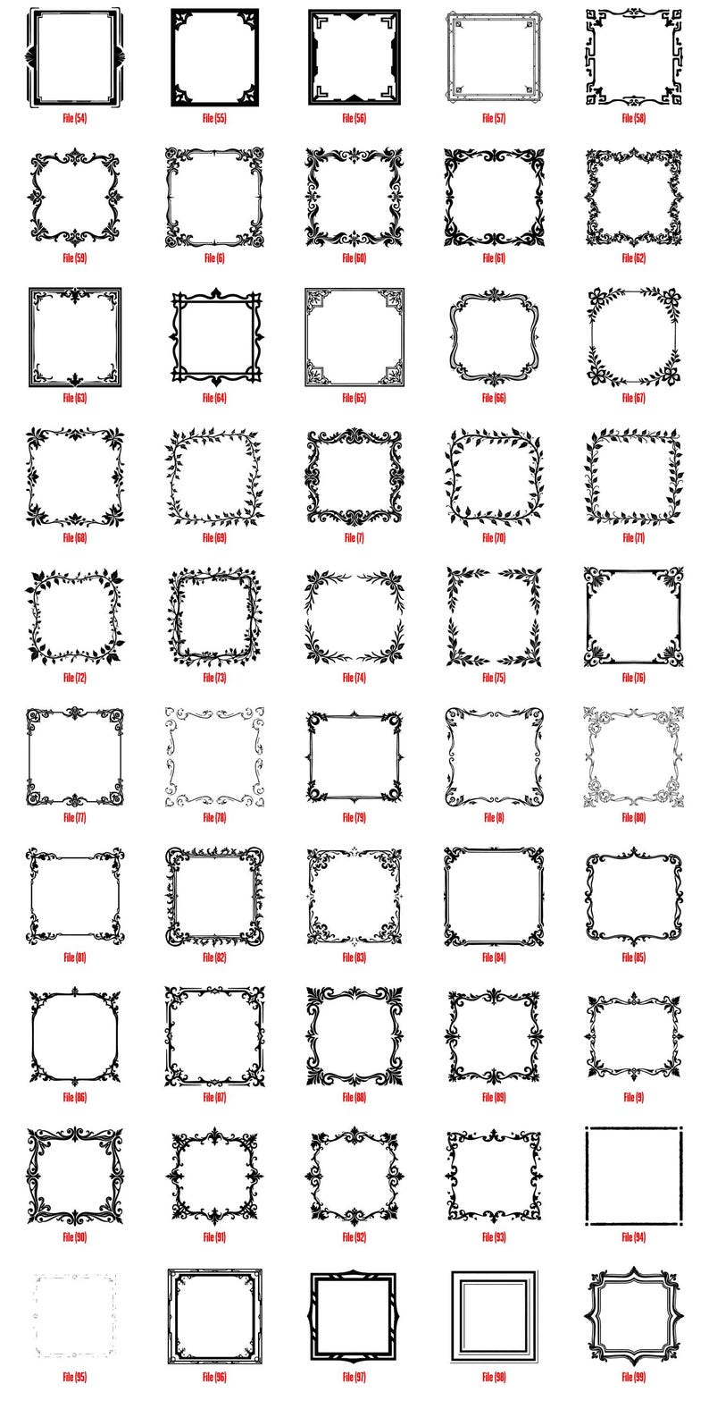 K&ouml;nnte beinhalten: Eine Sammlung quadratischer und rechteckiger dekorativer Rahmen in verschiedenen verzierten Stilen. Jeder Rahmen ist schwarz-wei&szlig; und weist komplizierte Muster auf. Die Rahmen sind mit dem Wort "File" und einer Nummer beschriftet.
