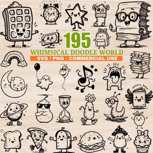 Könnte beinhalten: Schwarz-Weiß-Illustrationen von skurrilen Kritzeleien verschiedener Objekte und Charaktere, darunter eine Waffel, ein Wecker, ein Stern, ein sockenartiges Wesen, ein Buch mit Brille, ein Regenbogen, ein Mond, ein Geist, eine Musiknote, ein Monster, ein Planet, eine Birne, eine Sanduhr, eine Ananas, ein Wurm, ein Apfel, Toast, Pizza, ein Briefkasten, ein Burger, ein Pilz und ein Cupcake. Der Text lautet "195 WHIMSICAL DOODLE WORLD SVG / PNG - COMMERCIAL USE".