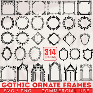Puede incluir: Una colección de marcos góticos ornamentados negros en varias formas, incluyendo círculos, cuadrados y arcos. La imagen incluye el texto "314 Designs" y "Gothic Ornate Frames SVG / PNG - Commercial Use".