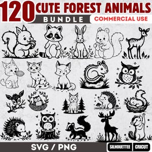 Peut inclure: Illustrations en noir et blanc de 120 animaux de la forêt mignons, dont un écureuil, un raton laveur, un lapin, un cerf, un renard, un hibou et un hérisson. Le texte indique "Cute Forest Animals Bundle" et "Commercial Use". Formats de fichiers SVG et PNG.