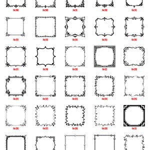 K&ouml;nnte beinhalten: Sammlung von schwarz-wei&szlig;en dekorativen Rahmen mit verschiedenen verzierten Designs. Jeder Rahmen ist quadratisch oder rechteckig und weist florale, geometrische und Rankenmuster auf. Das Bild enth&auml;lt die Dateinamen f&uuml;r jeden Rahmen.