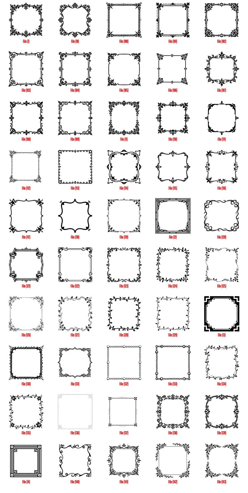 K&ouml;nnte beinhalten: Sammlung von schwarz-wei&szlig;en dekorativen Rahmen mit verschiedenen verzierten Designs. Jeder Rahmen ist quadratisch oder rechteckig und weist florale, geometrische und Rankenmuster auf. Das Bild enth&auml;lt die Dateinamen f&uuml;r jeden Rahmen.