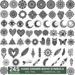 May include: A collection of 245 hand-drawn boho symbols in black and white. The designs include mandalas, hearts, moons, eyes, lotuses, triangles, suns, hands, an owl, a butterfly, feathers, arrows, and other decorative elements.
