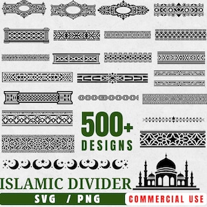May include: A collection of over 500 black Islamic divider designs in SVG and PNG formats. The image showcases various ornamental borders, frames, and decorative elements, including stars, crescents, and mosque silhouettes. The designs are suitable for commercial use.