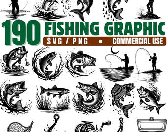 May include: A set of 190 fishing graphics in SVG and PNG formats, for commercial use. The black and white illustrations show fish, fishing rods, hooks, and other fishing-related elements. The text "FISHING GRAPHIC" is displayed in green.