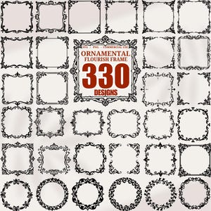 Può includere: Una collezione di 330 design di cornici ornamentali nere, tra cui forme quadrate e circolari. L'immagine presenta vari bordi ornati, perfetti per progetti di arte digitale o design.