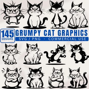 Könnte beinhalten: Eine Sammlung von 12 schwarz-weißen Grafiken von grummeligen Katzen in verschiedenen Posen. Das Bild enthält den Text "145 Grumpy Cat Graphics" mit "SVG / PNG - COMMERCIAL USE" darunter. Die Katzen haben wütende Ausdrücke.