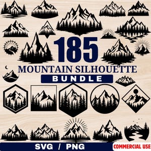 Peut inclure: Une collection de 185 silhouettes de montagnes noires. Les motifs comprennent diverses formes de montagnes, des arbres et des rayons de soleil. Le texte "MOUNTAIN SILHOUETTE BUNDLE" est affiché, ainsi que "SVG / PNG" et "COMMERCIAL USE".