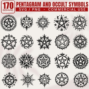 Peut inclure: Une collection de 170 motifs de pentagrammes et de symboles occultes noirs. Les motifs sont aux formats SVG et PNG pour un usage commercial. Les symboles sont disposés en rangées et en colonnes, chacun avec un motif en forme d'étoile unique.
