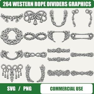 May include: A collection of 264 Western rope divider graphics in SVG and PNG formats. The black and white illustrations feature various rope designs, including knots, borders, and decorative elements. The text "COMMERCIAL USE" is displayed at the bottom.