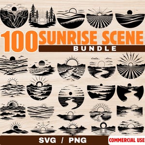 May include: A collection of 100 sunrise scene designs in black and white. The designs include various landscapes such as mountains, fields, and water, with the sun rising or setting in each scene. The text "100 SUNRISE SCENE BUNDLE" is displayed in orange.