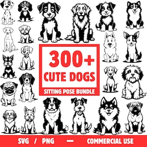 以下が含まれることがあります： 様々な犬種とポーズの白黒の犬のイラストのコレクション。画像には、赤い長方形の中に「300+ Cute Dogs Sitting Pose Bundle」というテキストと、その下に「SVG / PNG - COMMERCIAL USE」というテキストが含まれています。